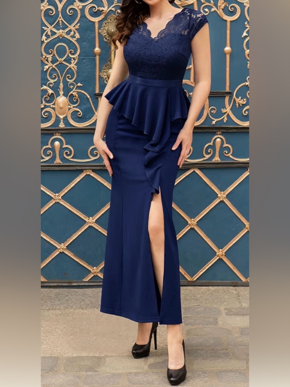 MISSMAY Elegant Navy Blue Evening Gown - Size L